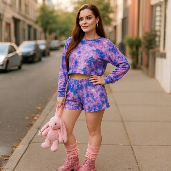 Femme Magic Tie Dye Lounge Set – Crop Top & Shorts – Purple Pink – Size M – NWT - Picture 2 of 4